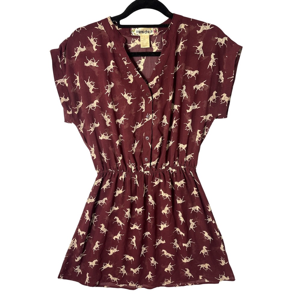 Mimi Chica Burgundy Horse Print Mini Dress Small Button V-Neck Elastic Waist
